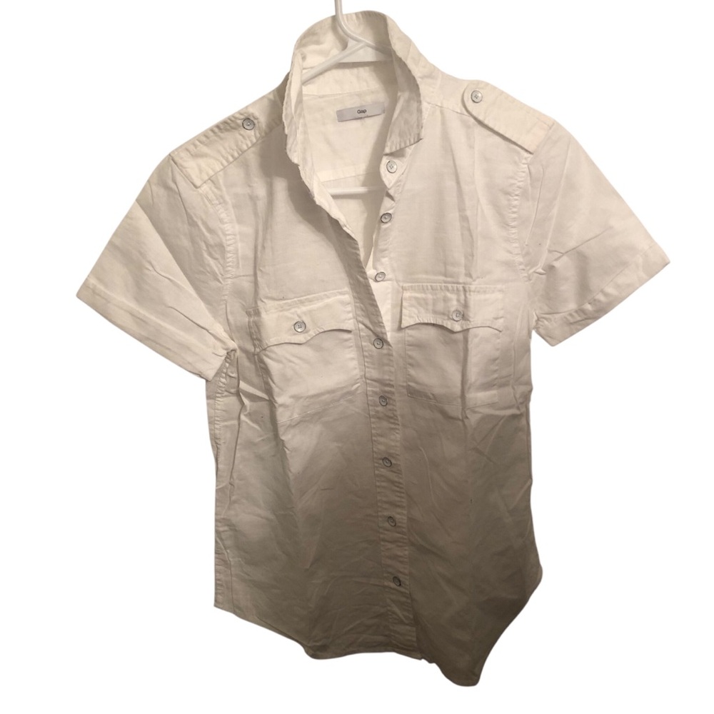 Gap white button-up utility Short Sleeve Thick Cotton Blouse Shirt medium